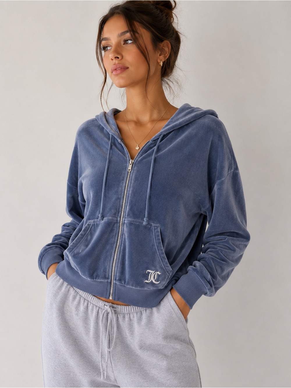 Juicy Couture Blue Velour Zip Up Hoodie XL Y2K Embroidered Logo